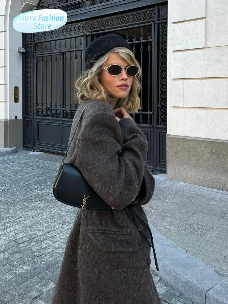 

Women Chic Grey Wool Overcoat Fashion Elgant V-neck Long Sleeve Double-breasted Pocket Coat 2025 Autumn Lady High Street Outwear