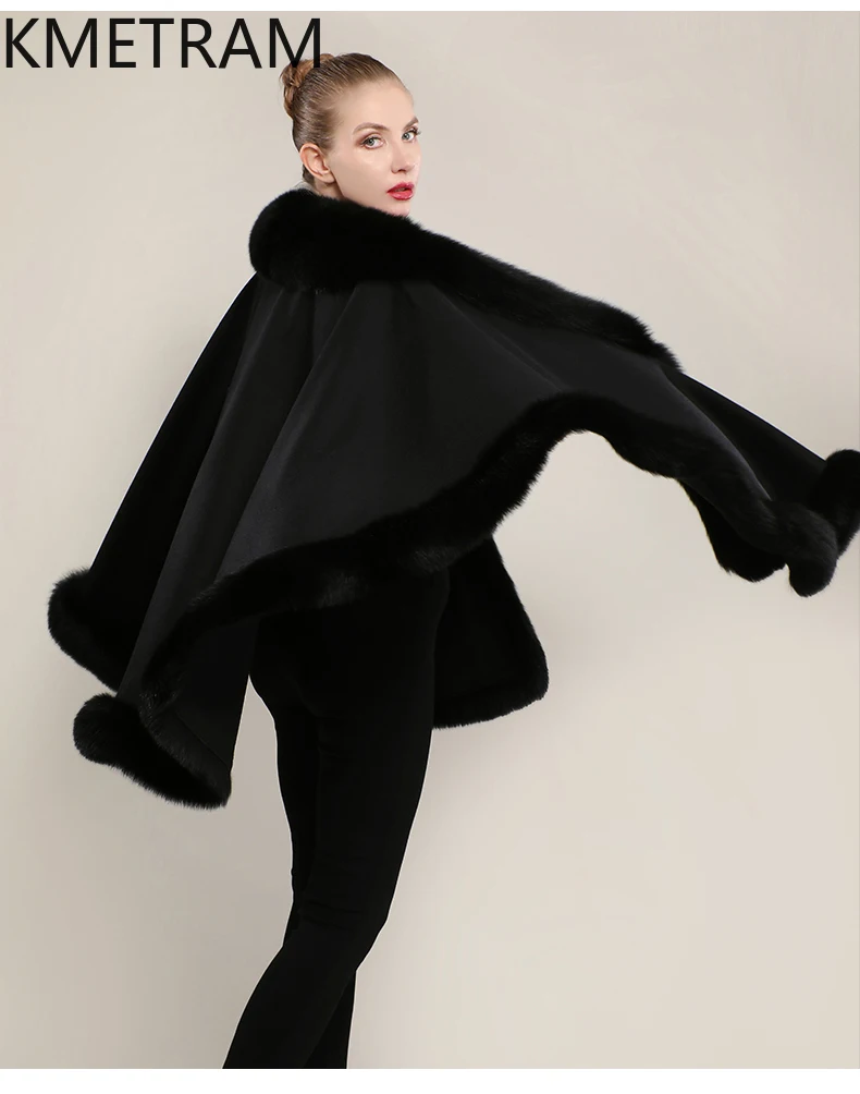 90% Wool + 10% Cashmere Cloak with Fox Fur Collar Winter Real Fur Coat Woman Party Shawl Coats Women Clothing 2025 шуба женская