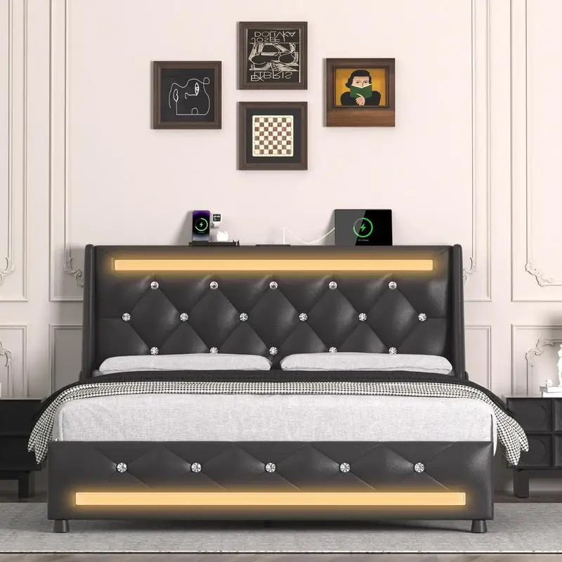 Full Size Upholstered Bed Frame with Headboard, Charging Station, LED Lights, Wooden Slats, Noise-Free Mattress Foundation,