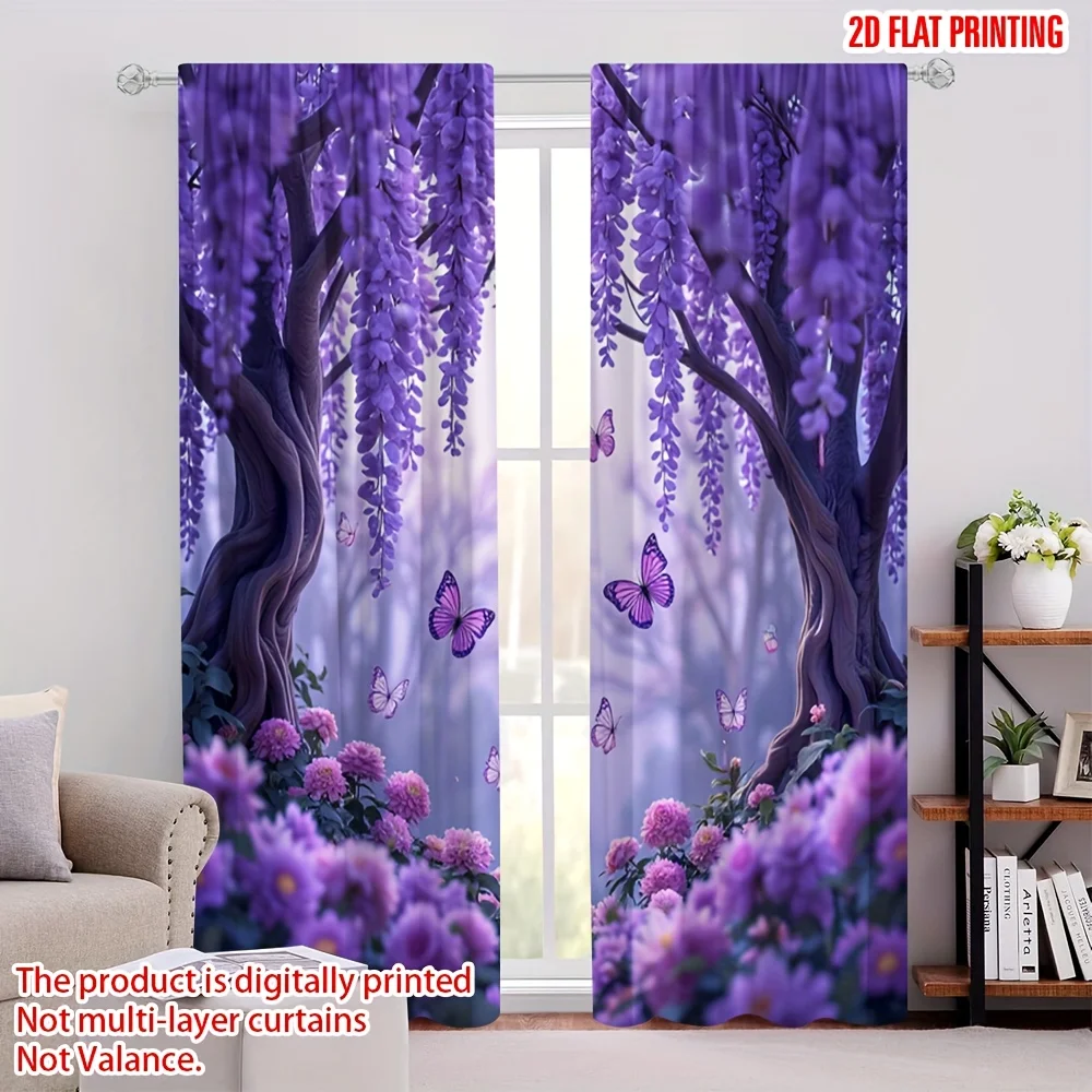 2PCS Purple Wisteria & Butterfly Sheer Curtains – Elegant 2D Floral Print for Living Room Bedroom Office