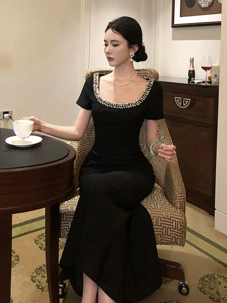 Vestidos de noche dulces Vintage para mujer, Vestidos elegantes Retro negros de corte bajo, bata ceñida con cola de pez para fiesta de graduación y fecha