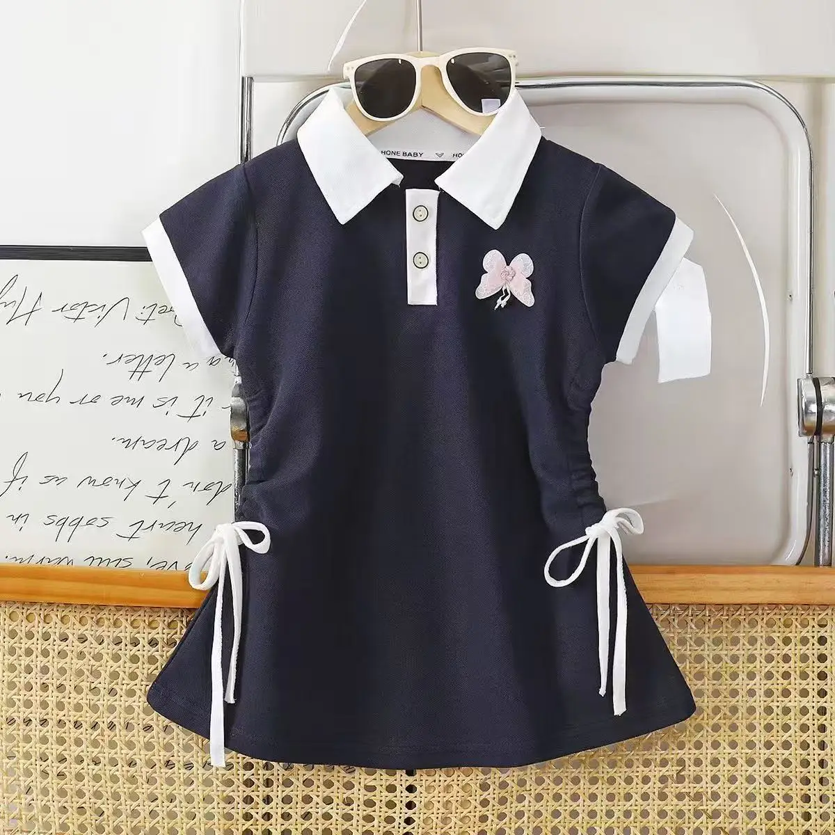 Summer Girls Short Sleeve Polo Neck A-Line Dress Striped Preppy Style Princess Skirt for Toddler Baby Little Girls