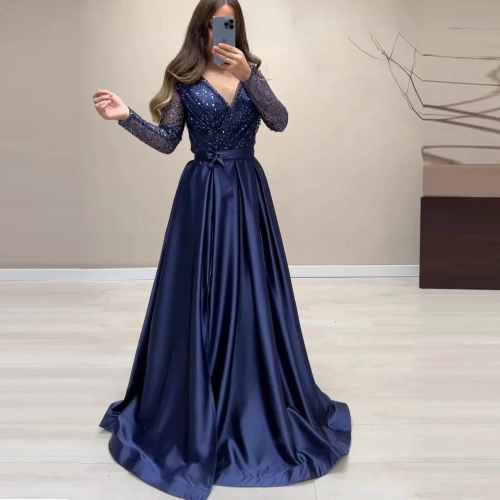 Bella Elegant Blue Long Sleeve Party Dress Satin A-line Floor-Length vestidos de fiesta V-neck Shiny Sequins Pleats  فساتين سهرة