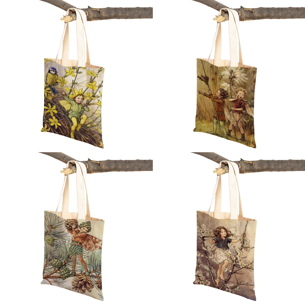 Both Print Cartoon Flower Girl Shopping Bag for Women Child Reusable Casual Fairy Tale World Elves Canvas Tote Shoulder Handbag