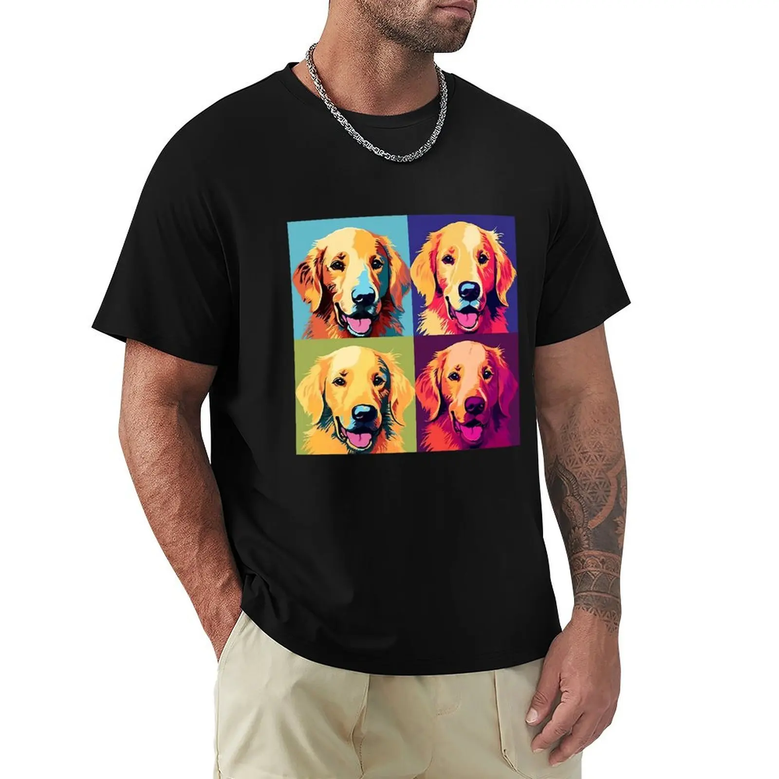 Pop art golden retriever dog T-Shirt Everyday Wear Basic Short Sleeve Top