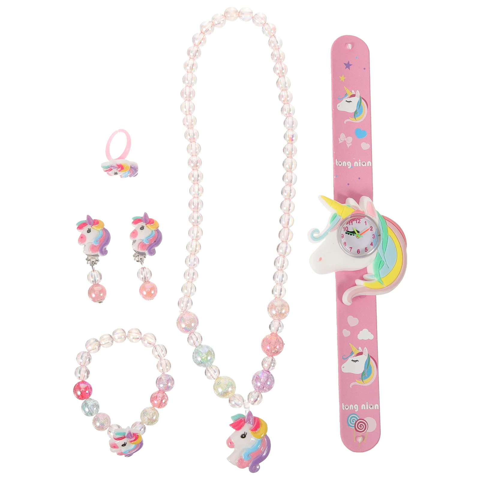 Fashionable Unicorn Cute Silicone Snap Ring + Bracelet Necklace Earrings Set Digital Watch Girl Little Gifts