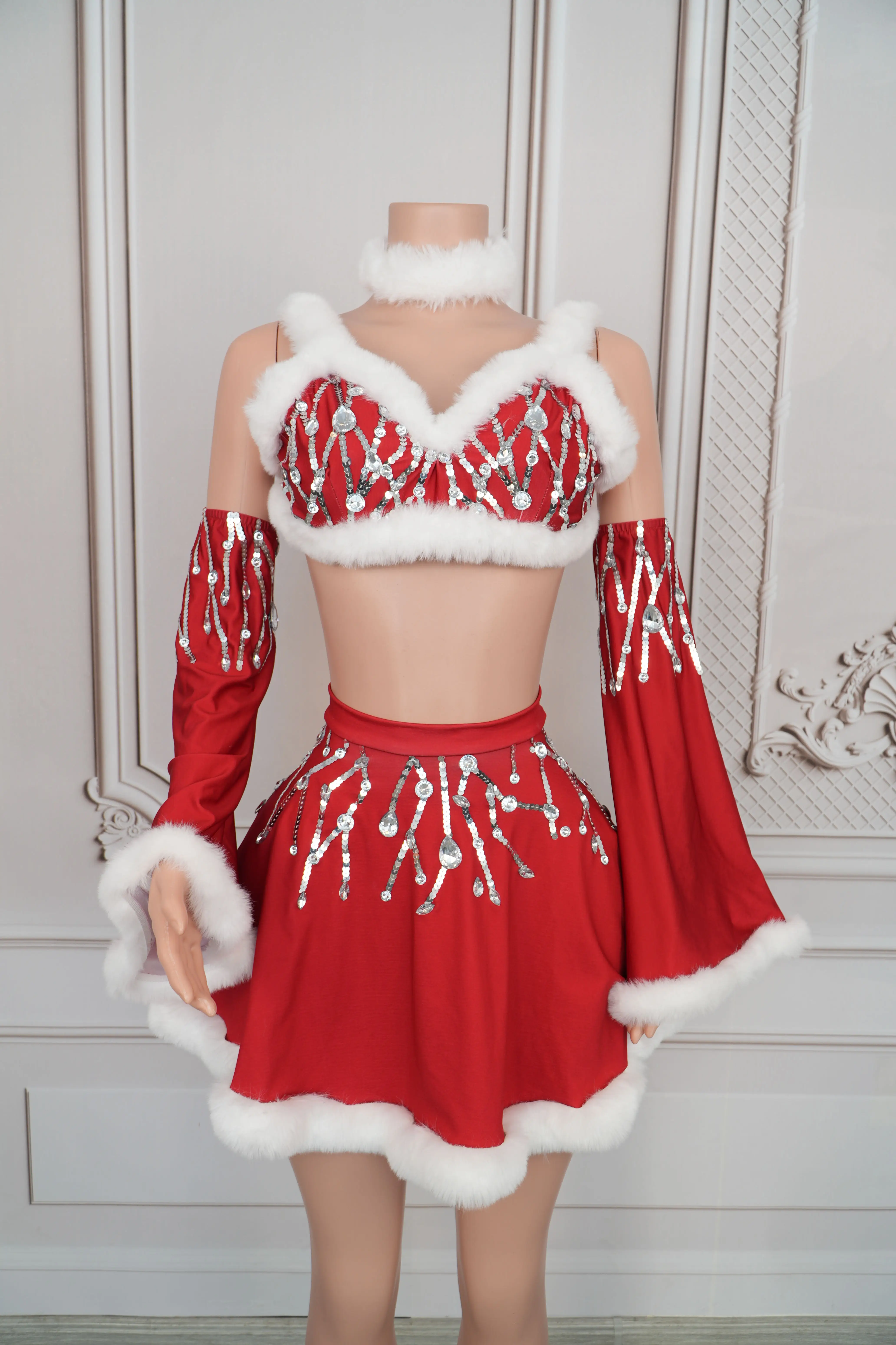 

Shengdan Womens Luxury Red Christmas Costume Set Rhinestone Fur Trim Crop Top Mini Skirt With Arm Sleeves Performance Outfit