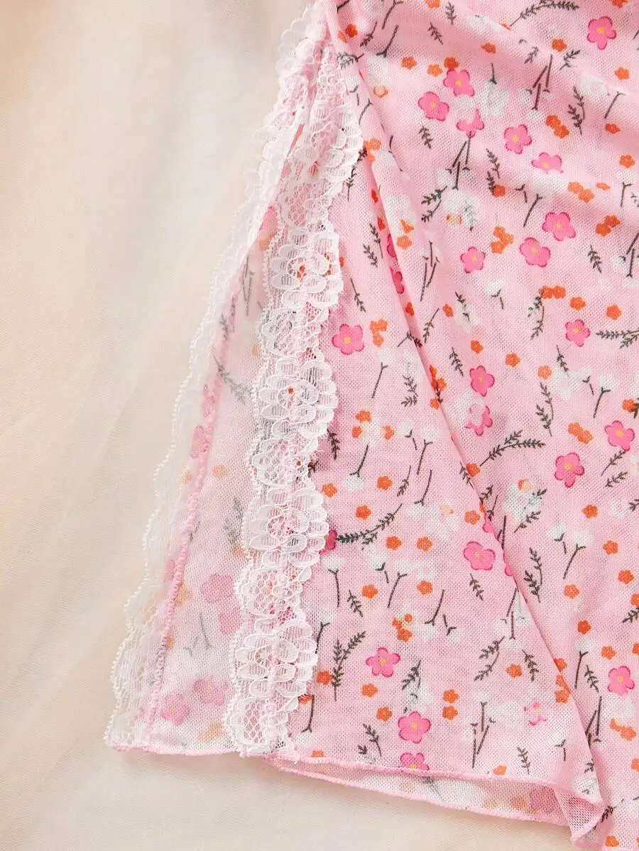 

Womens Pink Ditsy Floral Lace Trim Sleep Nightgown With Side Slit