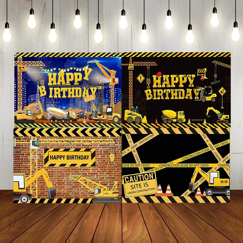 Construction Theme Happy Birthday Backdrop Dump Truck Excavator Kids Photography Background Boys Bday Party Decoration Banner