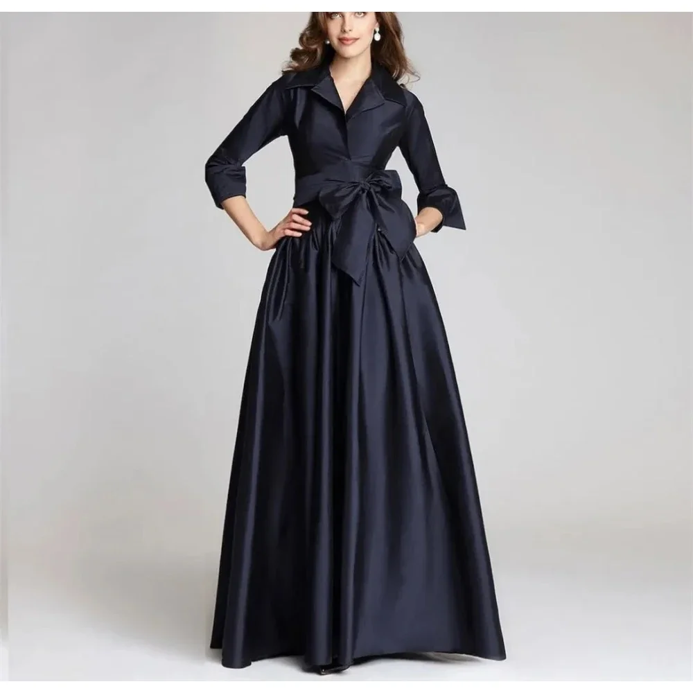 Customized Long Navy Blue Evening Dresses with Bow/Pockets A-Line Satin V-Neck Floor Length Wedding Guest Dresses for Women