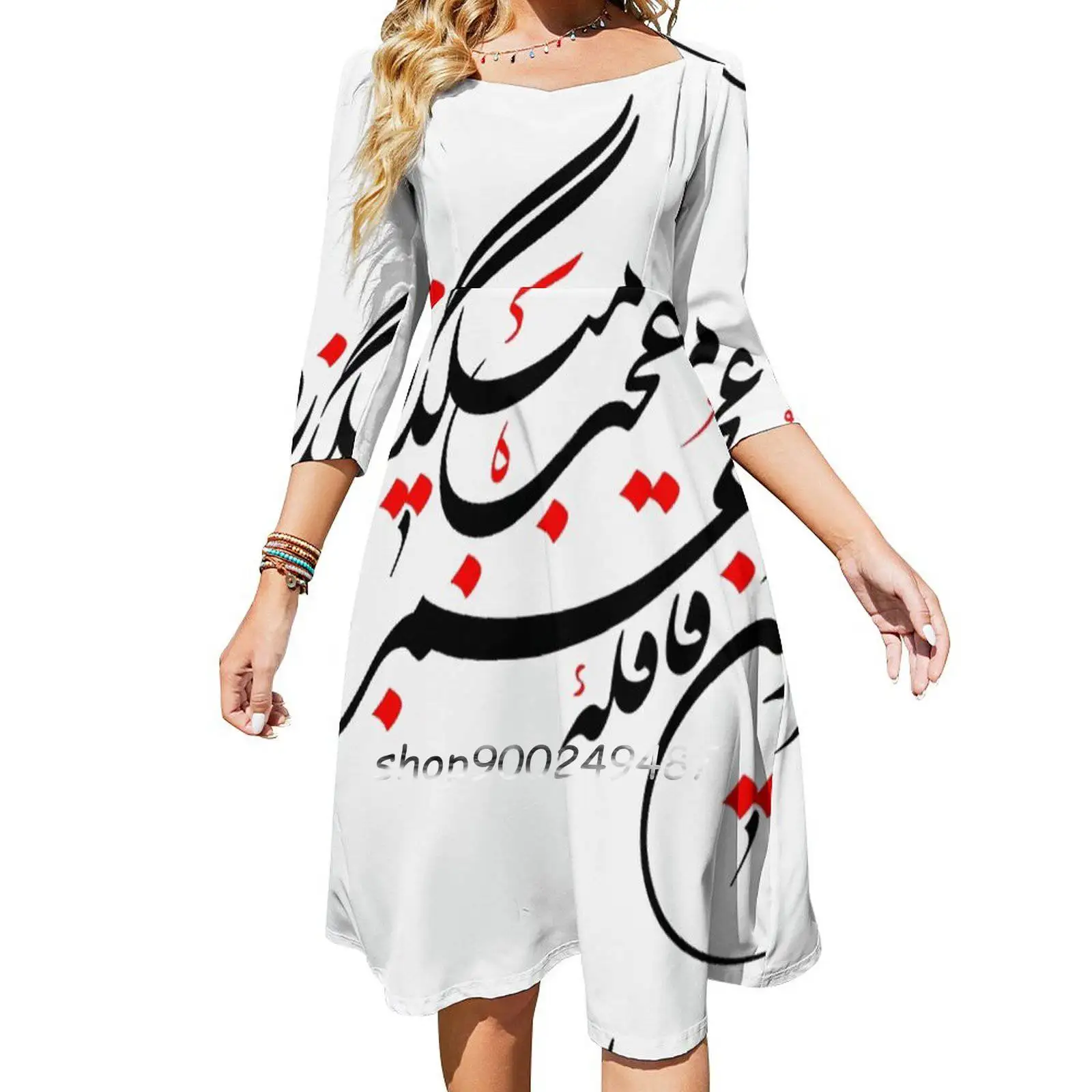 Persian Calligraphy ( Life &Amp ; Amp ; Time ) Square Neck Dress Sweet Summer Dress Women Elegant Halter Print Dress Persian