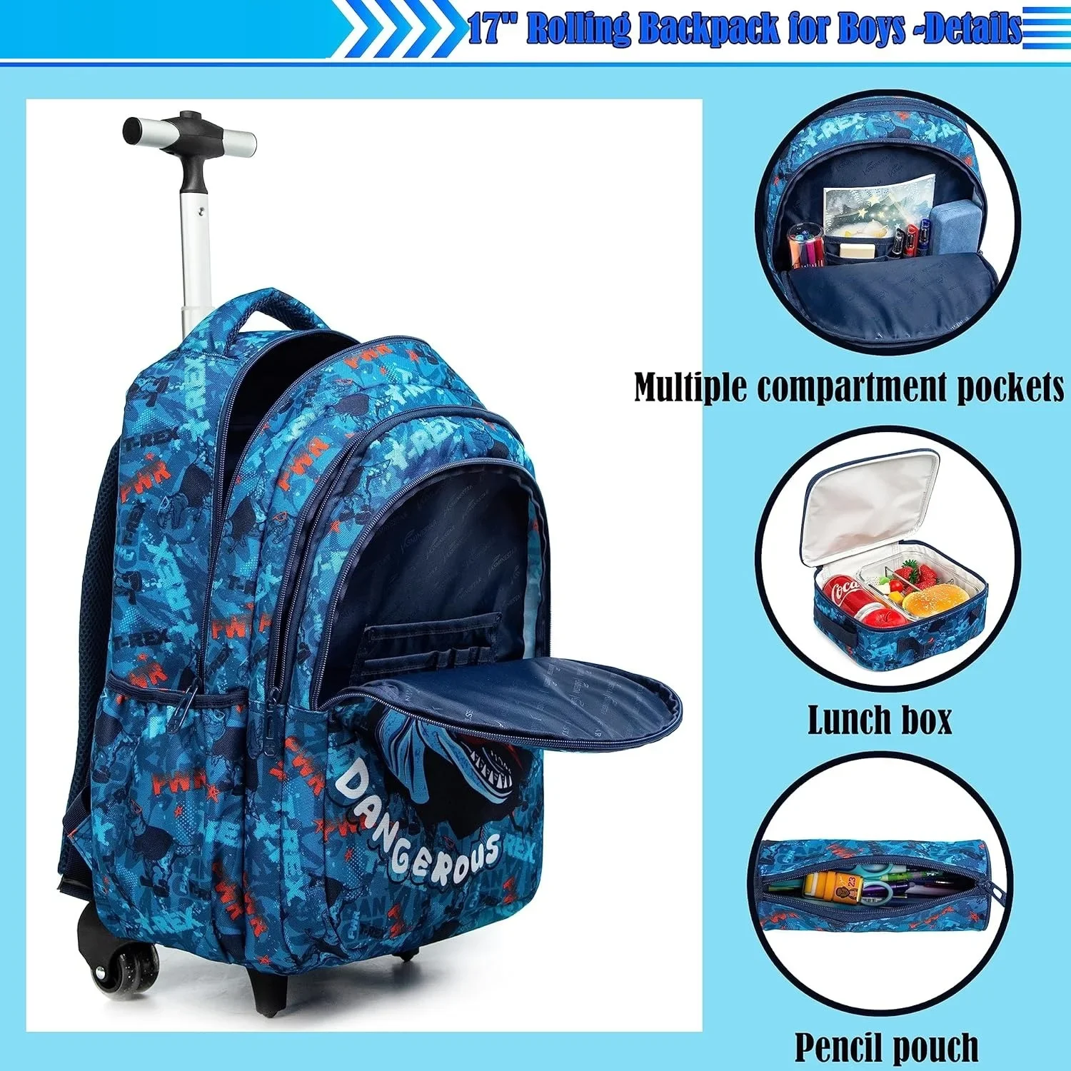 18 Inch Kids School Bags Set Wheeled Backpack for Boys Girls Travel Rolling Backpack Trolley Bag Set with Thermal Lunch Box