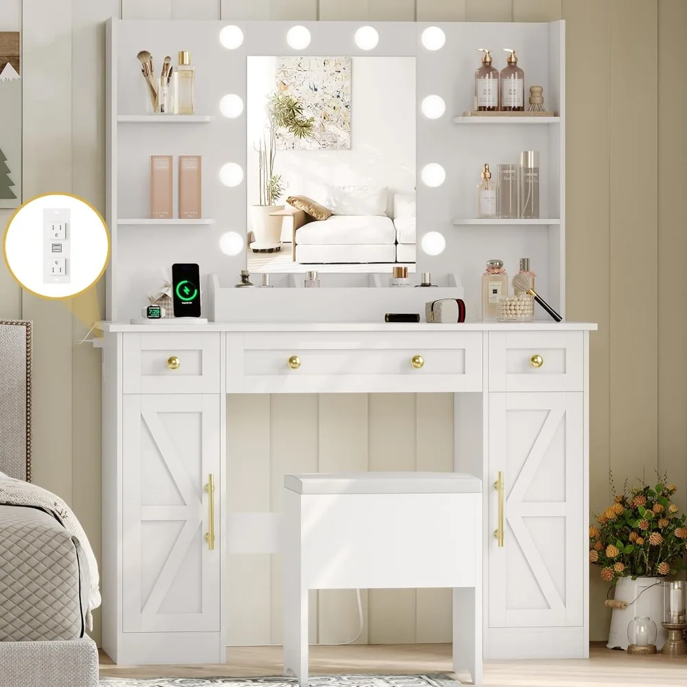 

Vanity Makeup Desk with Mirror and Lights, Farmhouse Vanity Table Set with Storage Drawers, Charging Station & Chair