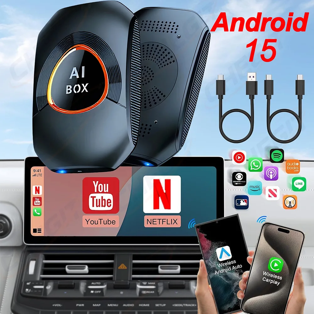 

Android 15 Carplay AI Box Wireless Carplay Android Auto Support Netflix Youtube For VW Toyota Mazda Hyundai Ford Haval GMC Audi