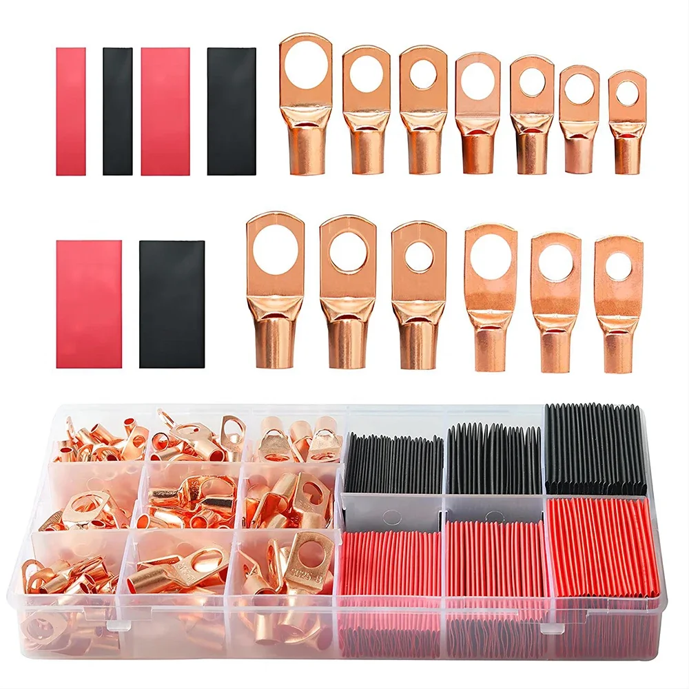 273Pcs copper terminal connector, AWG 2 4 6 8 10 12 ring lug kit, 133 pcs battery cable lug, with 140 pcs shrink tubing