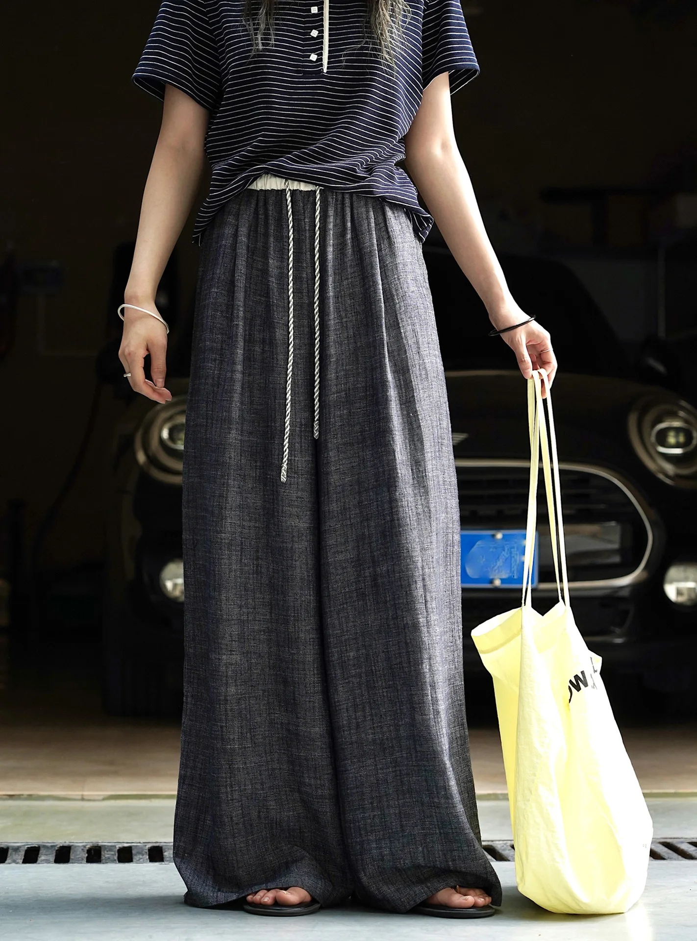

Woman classic black grey trousers with straps