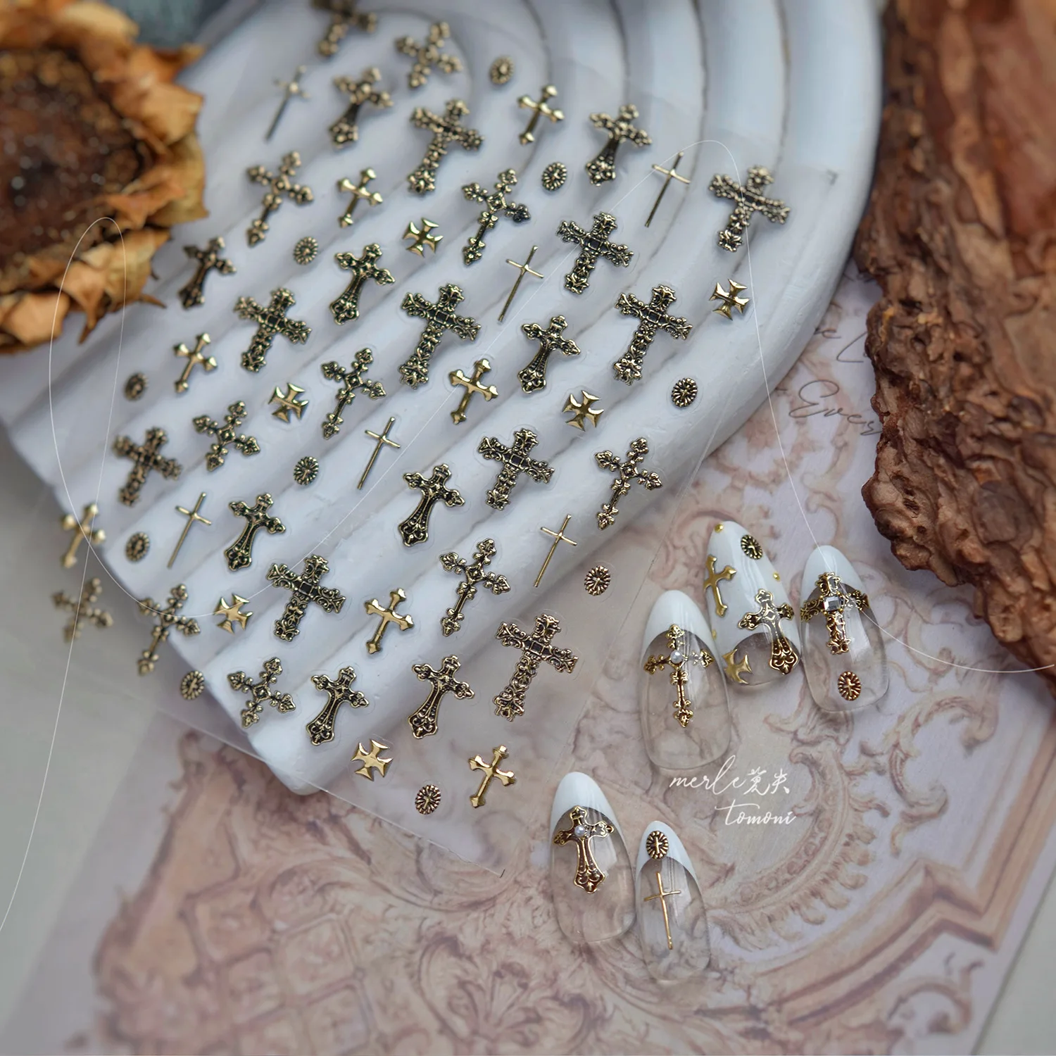 الذهب والفضة معدن مسمار ملصقات الظلام الرجعية الراقية الصليب مسمار الفن اكسسوارات ملصق الظهر الأزرق الأظافر 3D زينة الشارات DIY