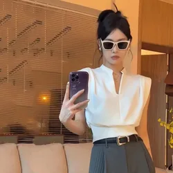 Korean Style Women Blouses V-neck Elegant Chic White Sleeveless Shirts Apricot Crop Tops Office Style Old Money Aesthetic Ladies