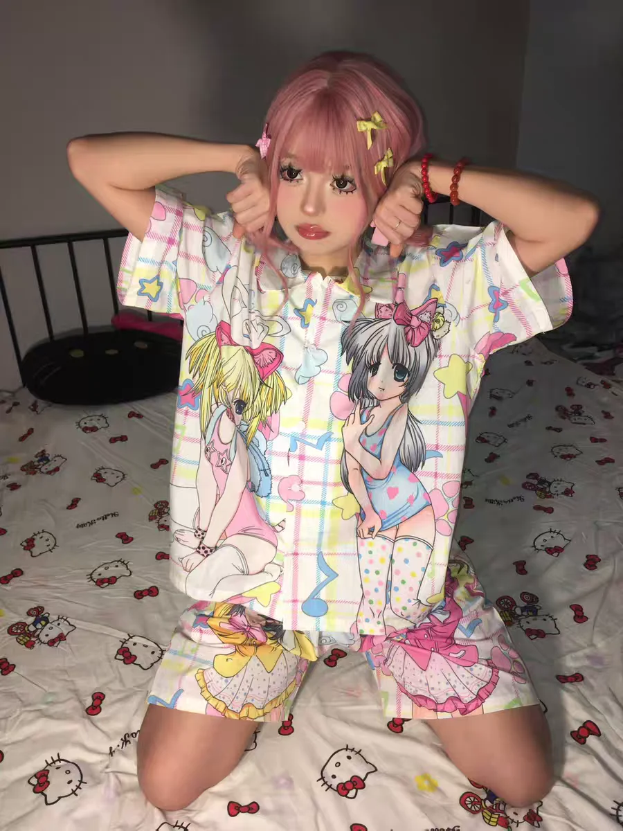 2000s Japan Anime Girl Pattern Graphic Lapel Shirt and Short 2 Piece Sets Young Women Girls Pajamas Lolita Style Kawaii Clothes
