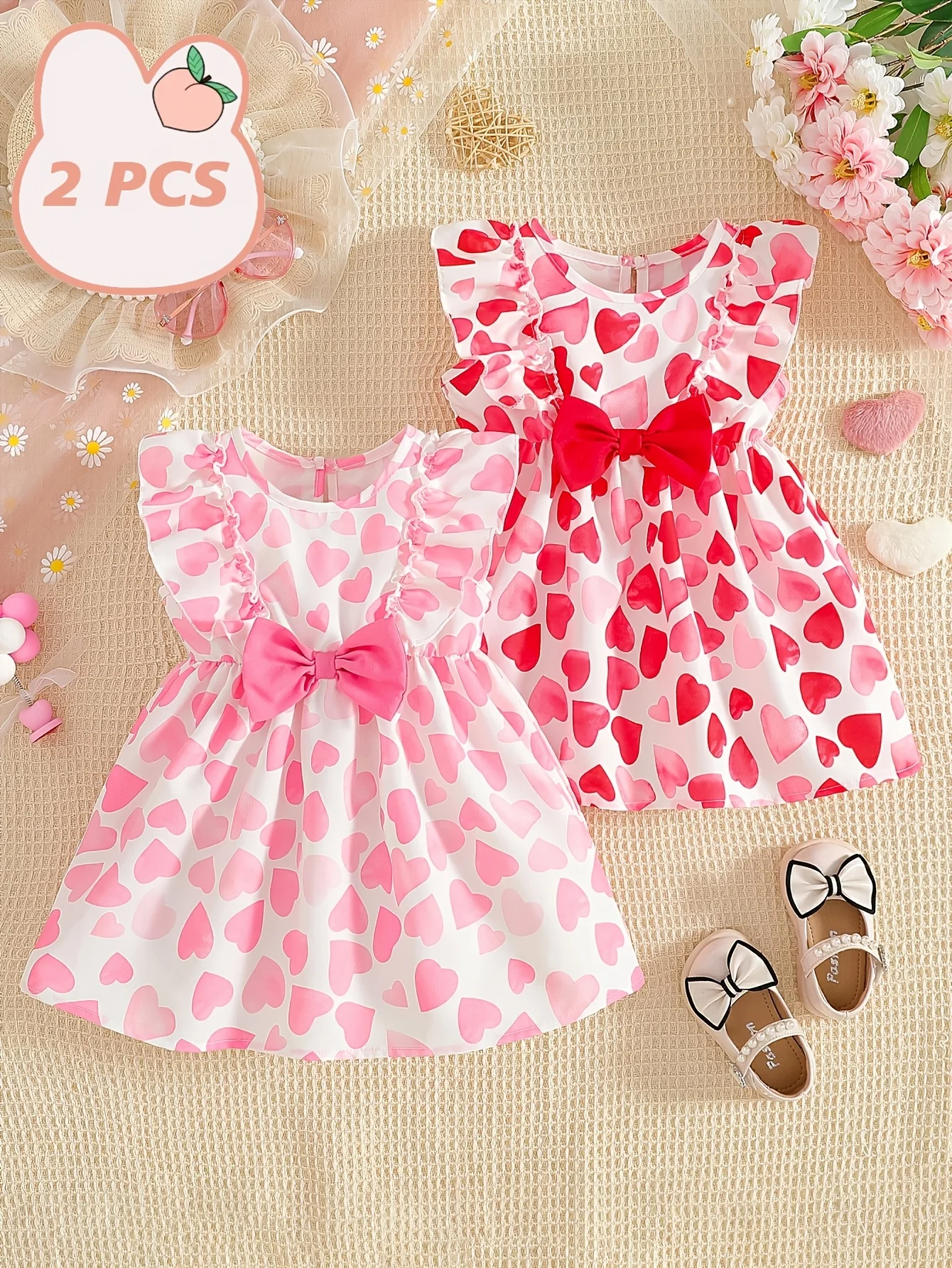

Baby Girl Summer Heart Print 2-Piece Flutter-Sleeve Bow Princess Dress – Baby Girl Dress, Valentine's & Birthday Gift