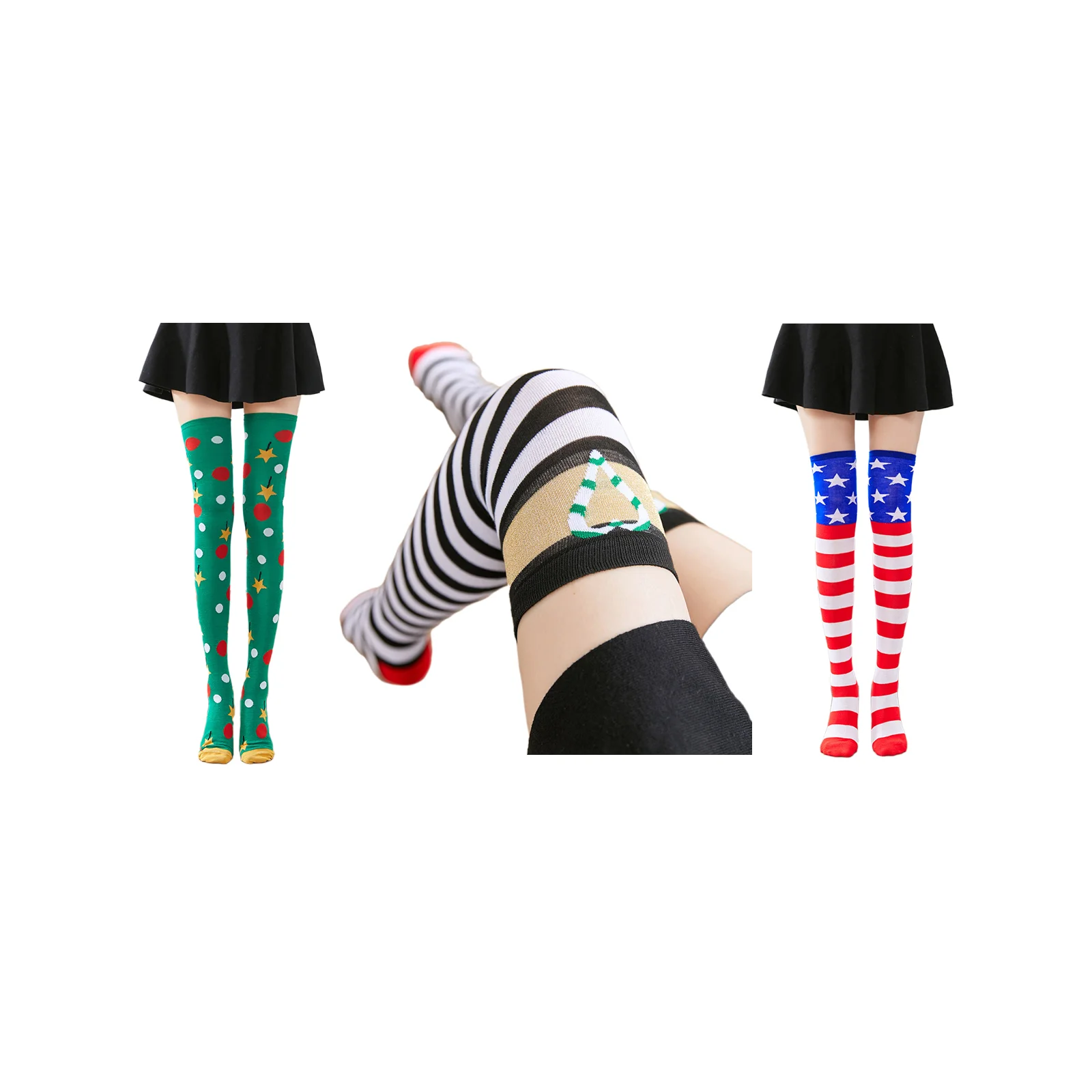 

Christmas stocking set: green base stars + black and white thin hearts + red and white striped five-star stockings combination