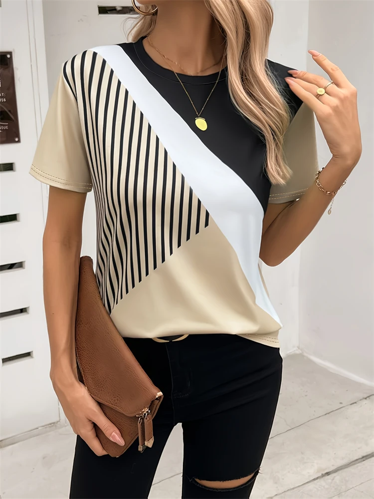 T-shirt rayé à manches courtes et col rond pour femme, ample et polyvalent, à la mode, été