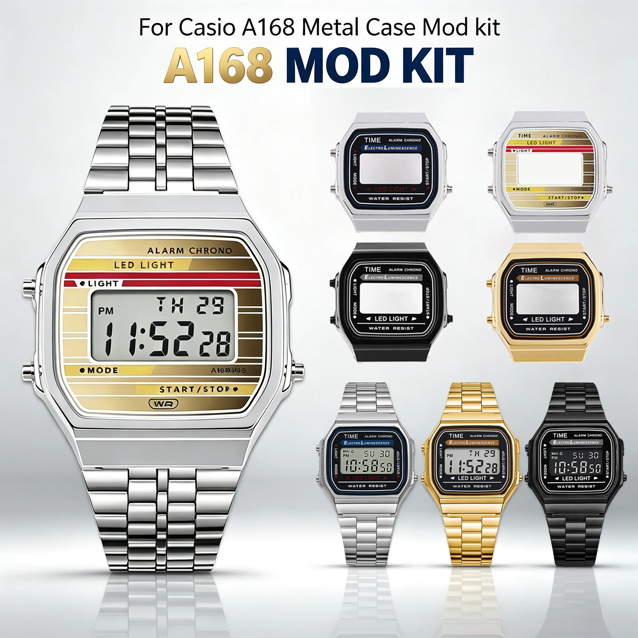 A168 Metallgehäuse-Mod-Kit für Casio 3298 A168 A168WG-9WDF Edelstahl-Lünette & Armband mit wasserdichtem Glasring, Schrauben und Werkzeugen