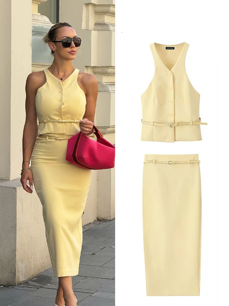 

New Women Fashion Suit Yellow V-Neck Sleeveless Belt Sngle Breasted Tops+High Waist Pocket Belt Long Skirts Female Summer Set
