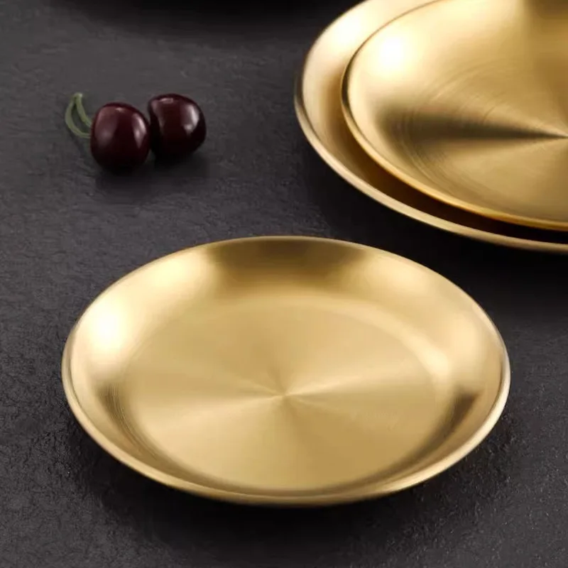 201 Stainless Steel Plate Gold Cafe Tray Korean Thickened Disc Dish Plate Bone Plate Fruit Plate Cake Plate Multi-scene Tray