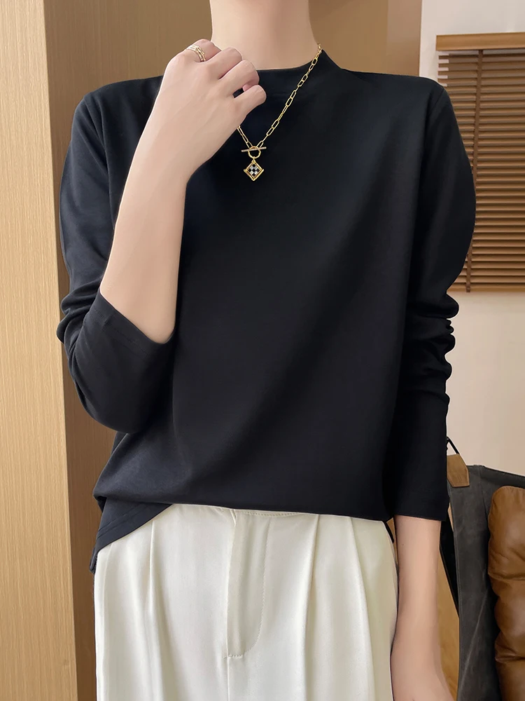 Spring Summer New Sle Women's Long Sve Cotton T-irt Thin Base Layer irt Versatile Top Outerwear f High Collar