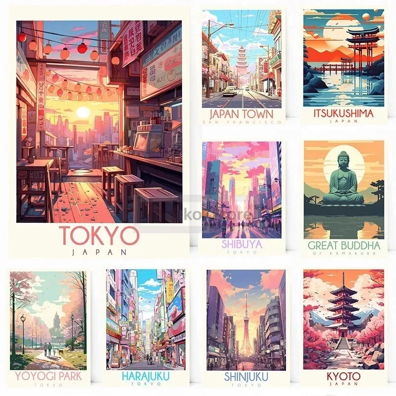 Carteles de viaje de Japón, pintura en lienzo, imágenes artísticas de pared, decoración de la habitación del hogar, Tokio, Shibuya, Shinjuku, Hokkaido, Tokio, Harajuku