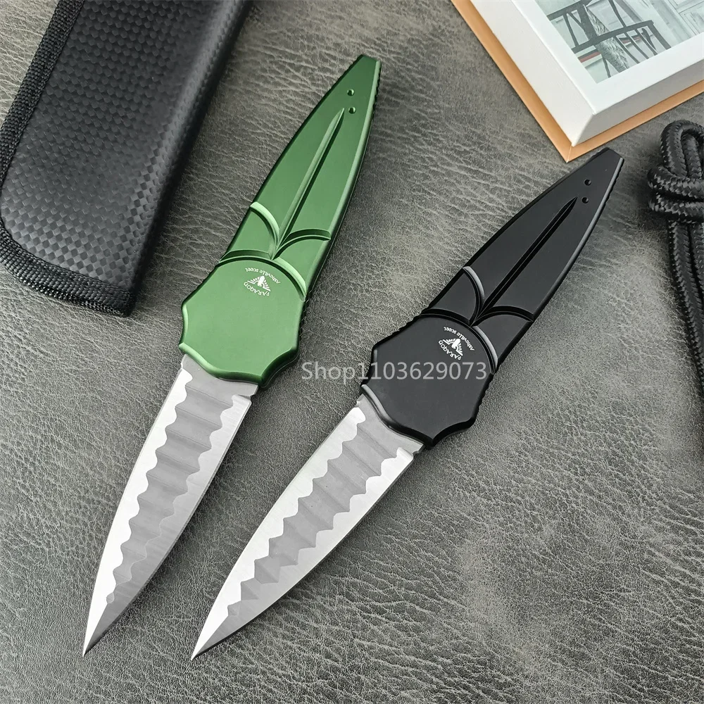 D2 Steel Blade Tactical Assisted Opening Folding Knife Green/Black Aluminum Handle Self Defense Survival Knives with Sheath