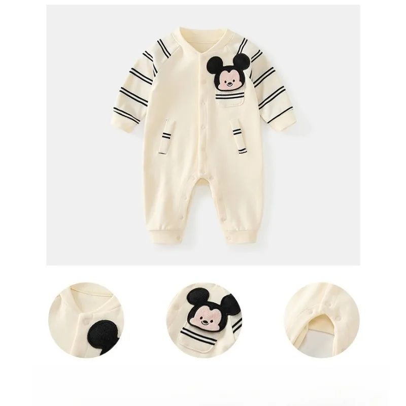 new-spring-autumn-newborn-baby-disney-mickey-cute-cartoon-striped-long-sleeved-round-neck-jumpsuit-for-0-1-years-unisex