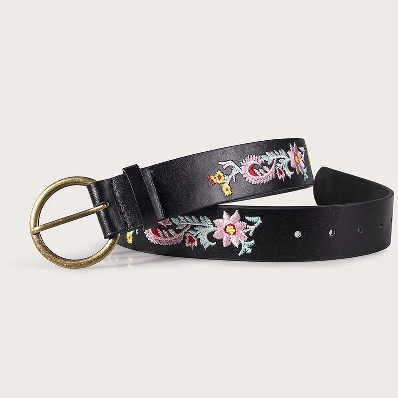 New Flower Embroidery Circular Buckle National Wind Belt Women's All-match Jeans Accessories Luxury Design Fashion Retro Belt