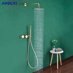 Bathroom Shower System Set Brushed Gold Hot Cold Faucet Bath Mixer Tap Brass Diverter Handheld Rainfall Head Ceiling Arm Kit