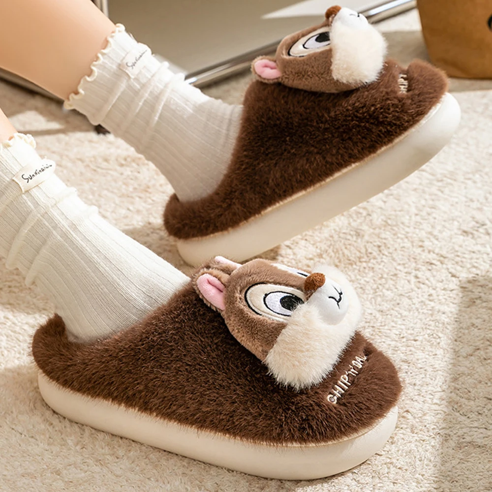 Disney Anime Chip Dale Plush Slippers Cartoon Cute Girl Winter Warm Non Slip Cotton Slippers Indoor Home Couple Shoes