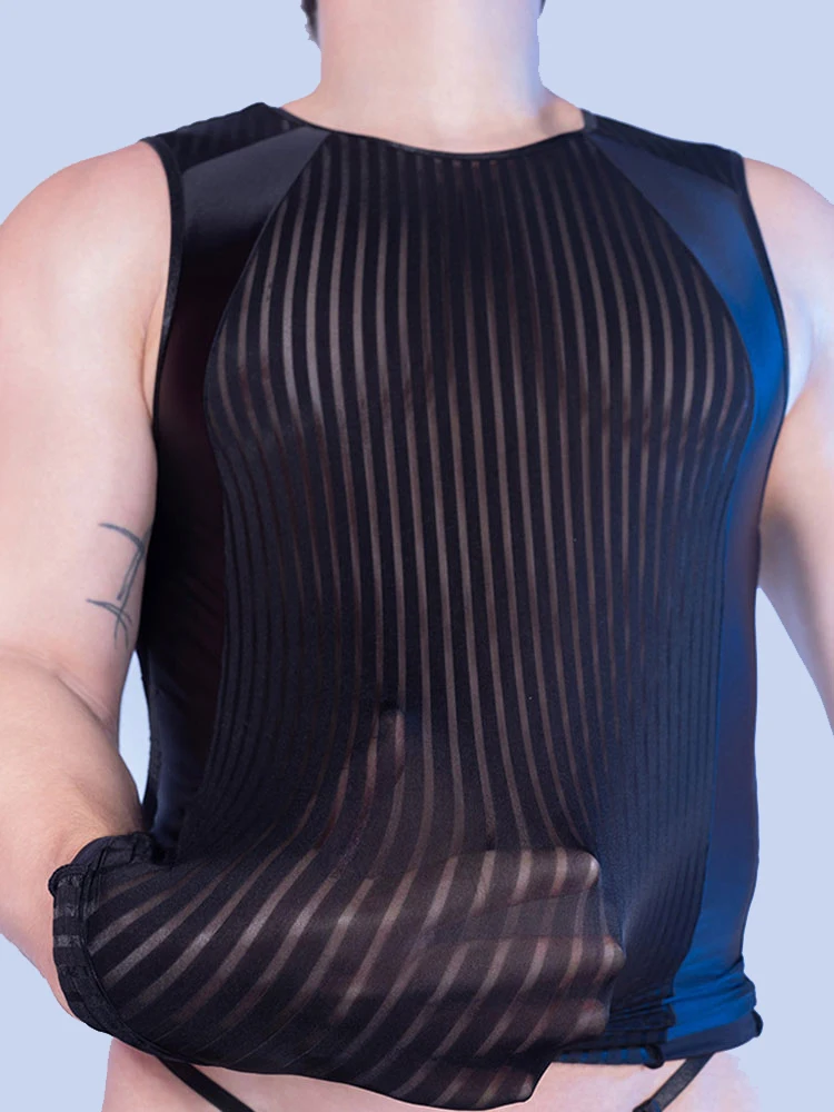 Men's Quickly Dry Vest Fashion Stripe Breathable Thin Sleeveless T-Shirts Elastic Shaping Tights Patchwork O-Neck Nightclub Tops