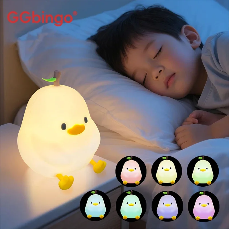 GGbingo Cute Pear Night Light 7-Color Dimmable Touch Control Night Light Silicone Stress Reducing Pat Duck Lamp USB Rechargeable