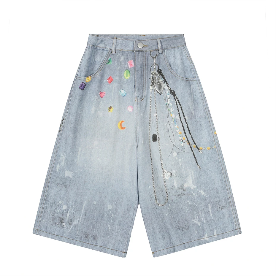 

Hip Hop Denim Shorts Men Streetwear Punk 3D Print Jeans Short Oversized Harajuku Vintage Summer Tide Baggy Knee Length Pant Male