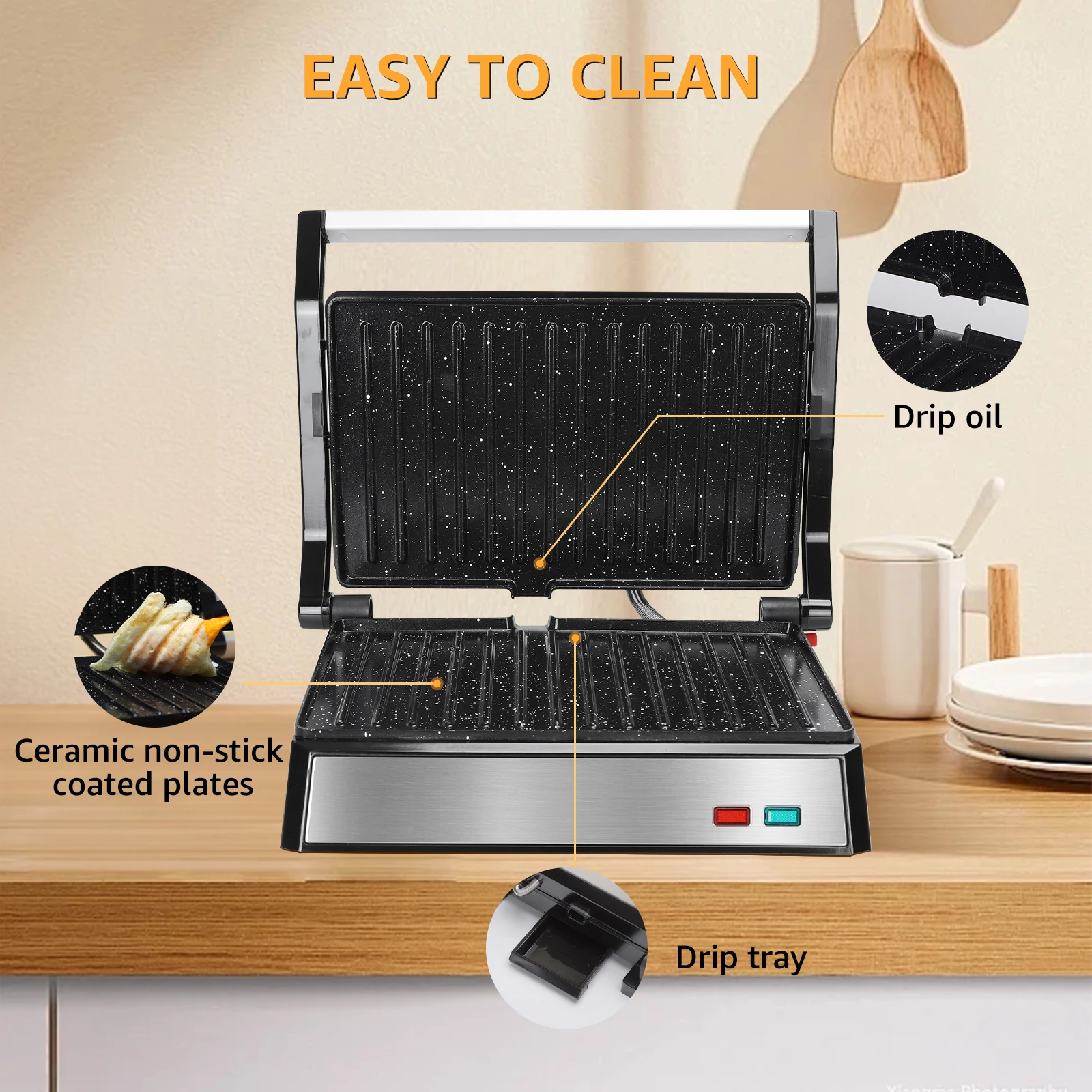 Aigostar Hett Pro Panini Maker/لوحة محمصة، طلاء حجر صديق للبيئة غير لاصق، صينية شحم، مكبس ساندويتش، مقلاة شواء كهربائية، 1500