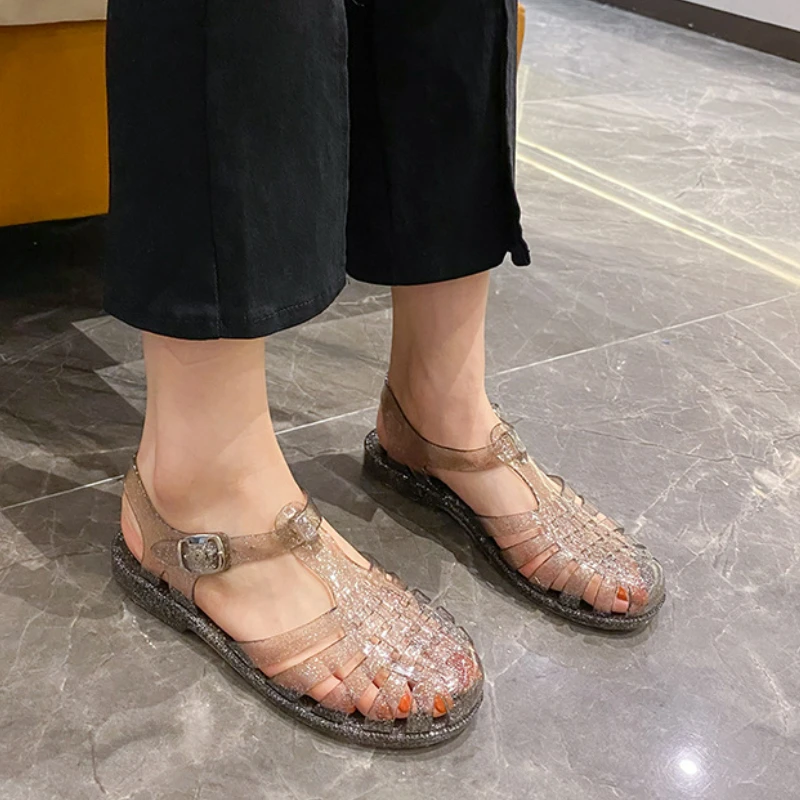 Plastic Sandals Women Summer Shoes Ladies Casual Flat Hollow Jelly Sandal Closed Toe Beach Shoes Footwear Sandalias De Mujer