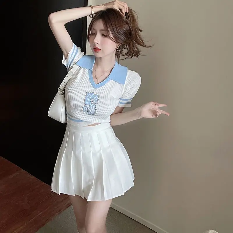 

Sweet Two-piece Skirt Sets Aesthetics Y2k Clothes Polo Shirt Knit Short Sleeve T-shirt Mini Pleated Skirt Women Crop Tops Suits