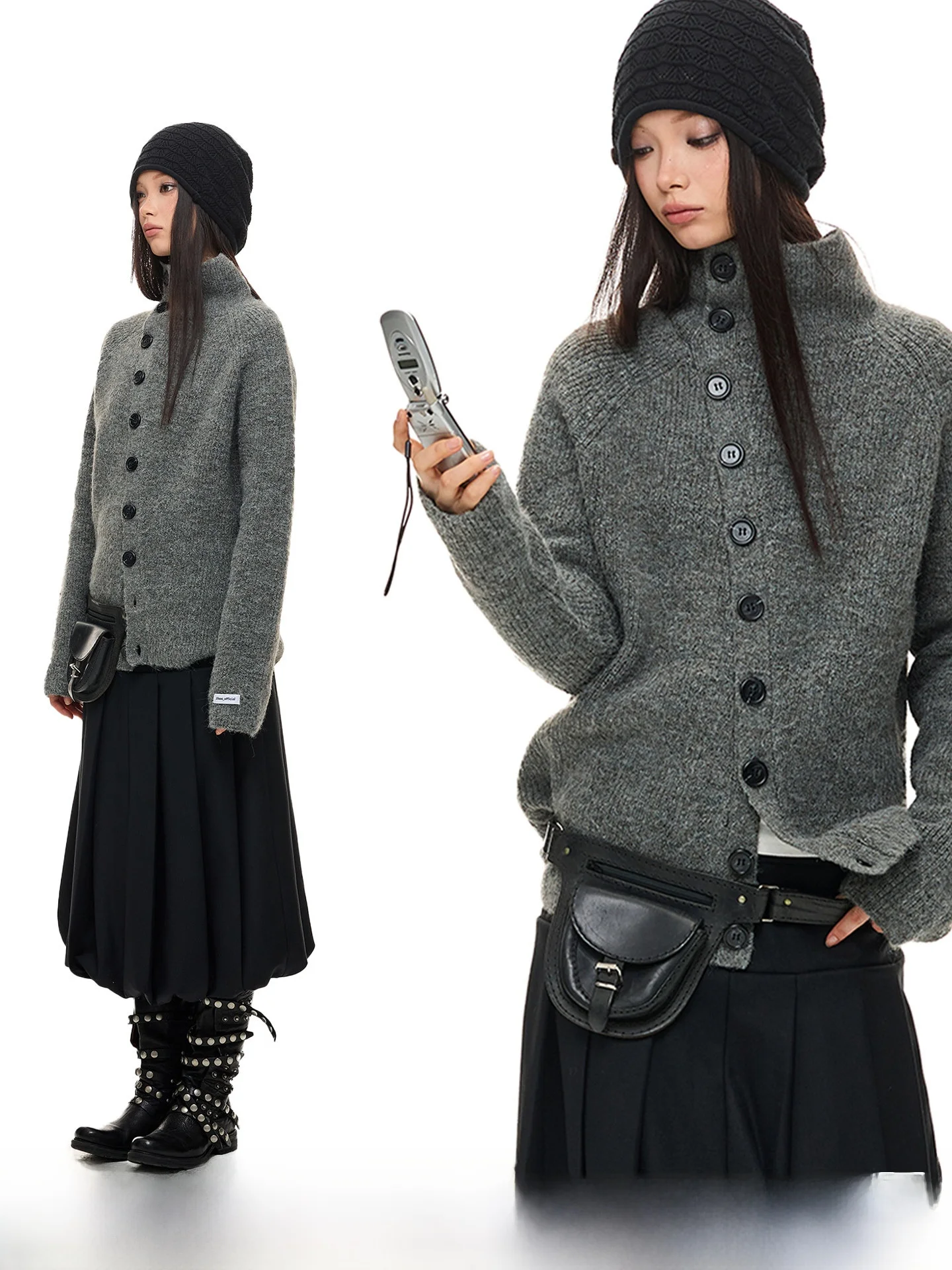 

JIKOO Vintage Stand Collar Slanting Sleeve Knitted Open Cardigan Slimming Waistcoat Women's Fashion Autumn Winter Sweater