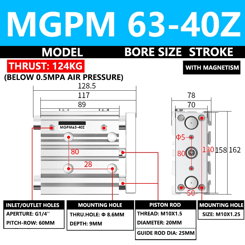 ABILKEEN MGPM63-40Z MGPM Three Axis Three Rod Pneumatic Compact Guide Cylinder 63MM Bore X 40MM Stroke Thin Air Cylinder