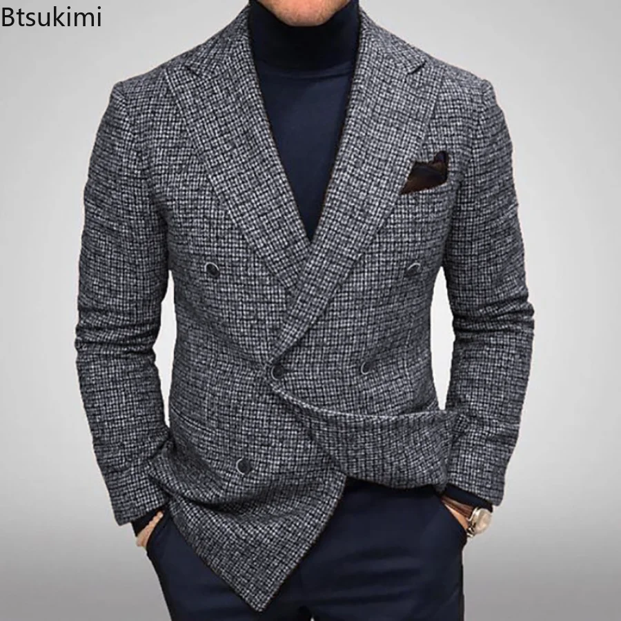 2024Spring Autumn Men's Plaid Print Blazer Suits Jacket Casual Slim Wedding Party Long Sleeve Suits Jacket Men's Clothing Blazer