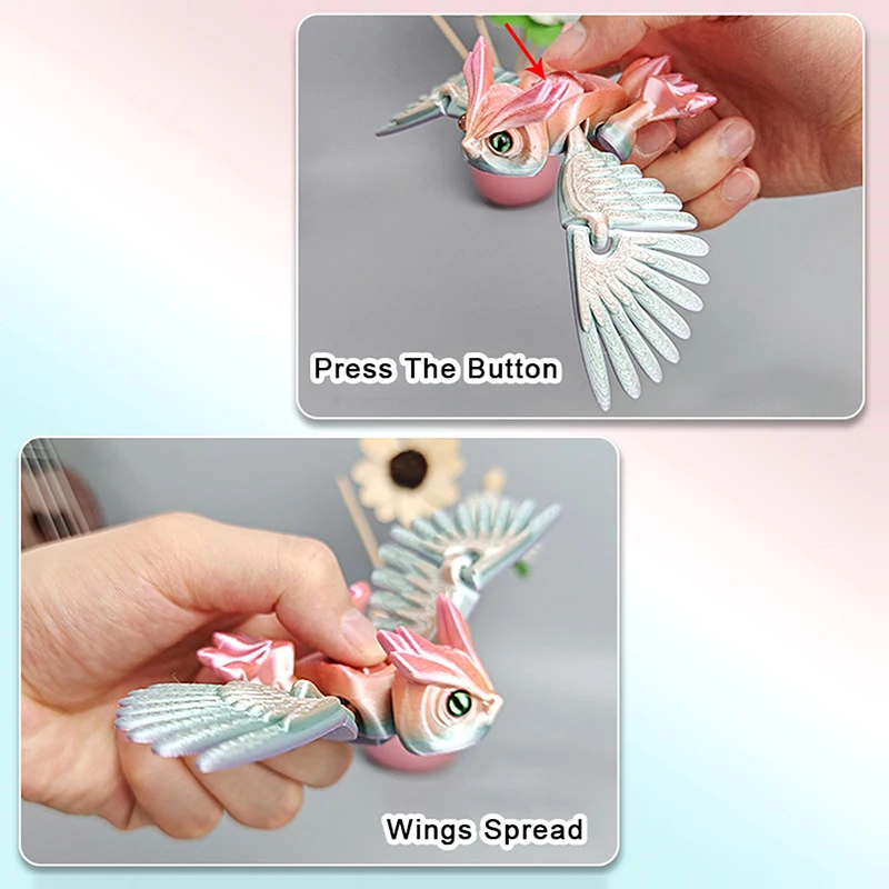 3Dプリントのフクロウボタン、羽を振る、手作り、子供のおもちゃ、卓上装飾、関節可動、漫画風シミュレーション動物フィギュア