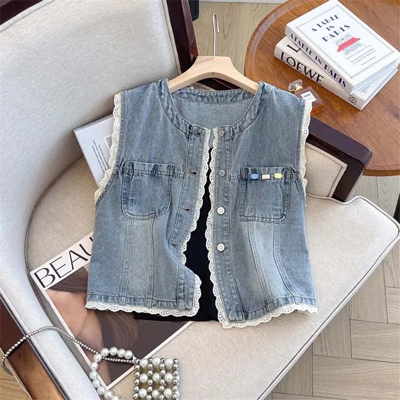 

Lace denim vest women's summer thin with skirt jacket 2026 new sleeveless vest jacket