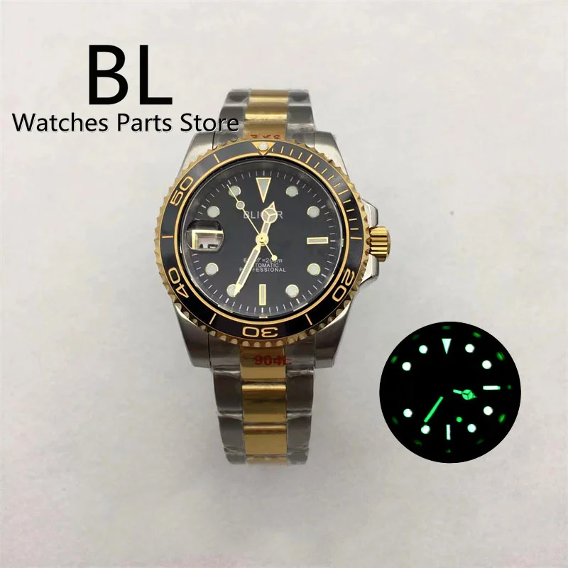 

BLIGER 40mm Two Tone Gold Men's Watch NH35A Automatic 9 o'clock Crown Left-Date Black Dial Gold Edge Mark Luminous Reloj Hombre