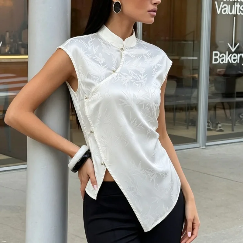 Tsiisd Women's Jacquard Satin Top Mandarin Collar Cap Sleeve Pearl Button Asymmetric Hem Chinese Style Elegant Vintage Wear Tops