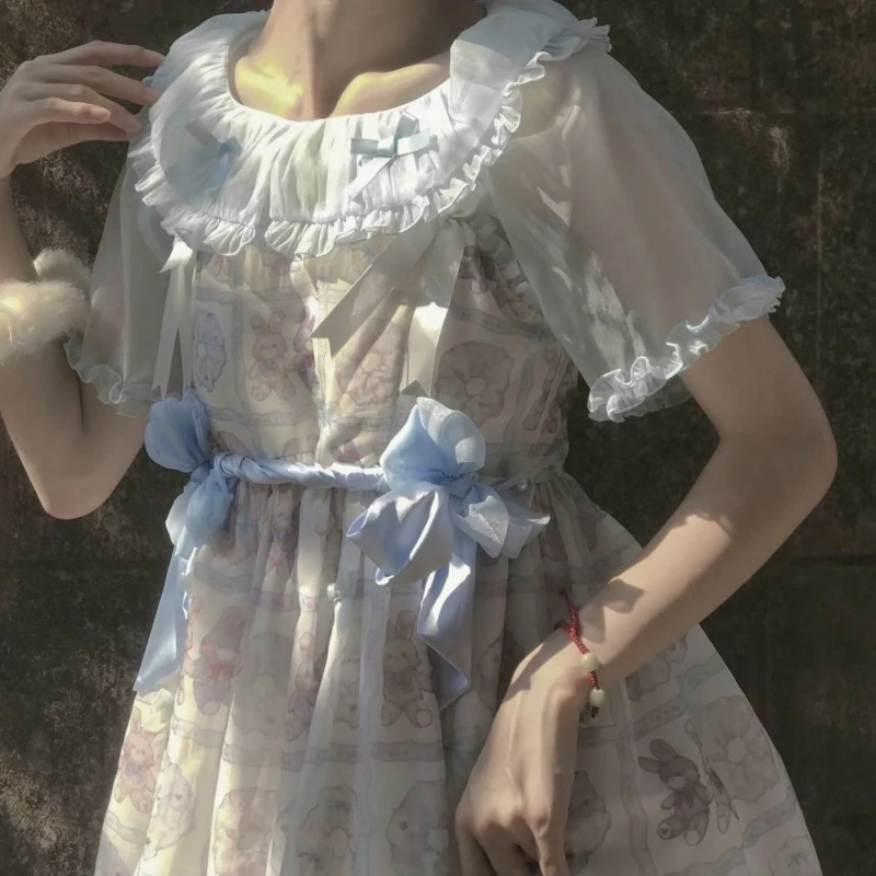 Lolita doce gola arco camisa harajuku vintage ver através grunge blusas de fadas 2025 verão y2k estética babados bonito topos